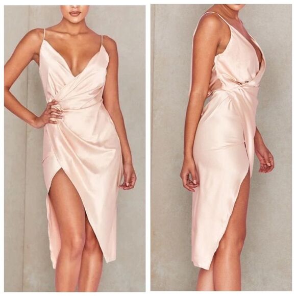 House of CB Dresses & Skirts - House of CB Coco Beige Nude Satin Drape Back Cowl Dress